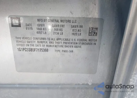 2015 Chevrolet Cruze 1Lt Auto z USA, uszkodzony, nr VIN 1G1PC5SB5F7175368